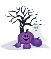 This playful Halloween design features smiling ghosts, purple pumpkins, and cheerful bats in a spooky forest. With a whimsical vibe, it’s perfect for holiday decor, apparel, or Halloween-themed party 