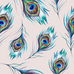 Obraz premium Peacock feathers. Seamless pattern. The illustration is hand-drawn, executed in watercolor. A beautiful bright multicolored Phoenix bird feather on a beige background. Asian, Indian ornament