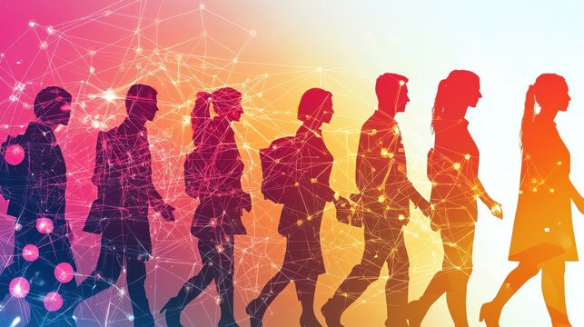 Future evolution change of human resources employee work labor recruitment to AI technology, Dynamic colors, copy space for text,