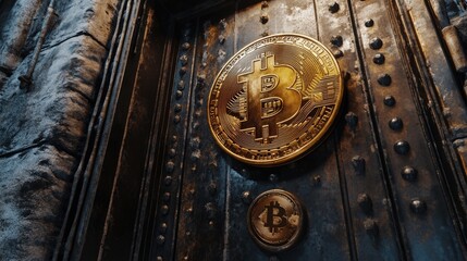 Obraz premium Bitcoin on a metal door