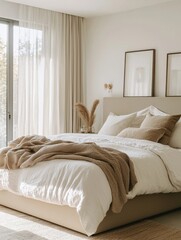 Minimalist bedroom with a white bed and tan throw.