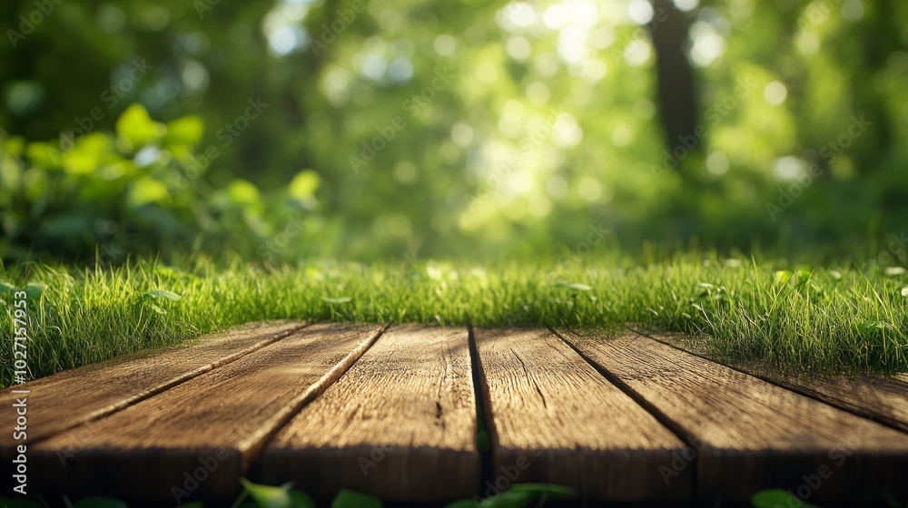 Poster a wooden table with a grassy area in front of it