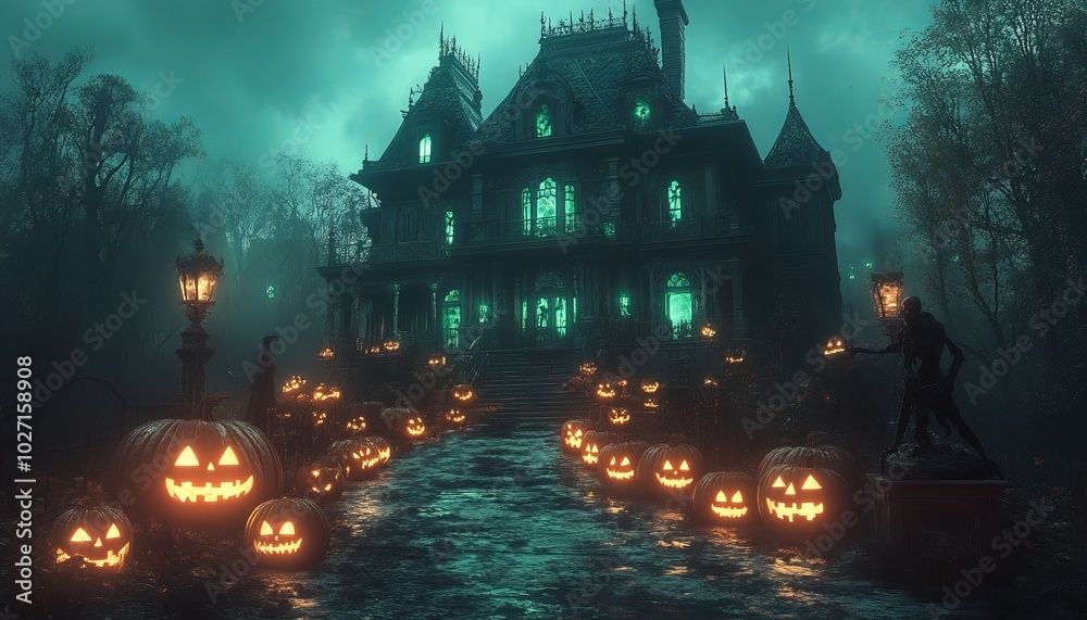 Canvas Prints A spooky haunted house with glowing jack-o-lanterns leading to the front door.