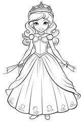 Little Princess Coloring page for kids. Princess coloring page black and white for children, isolated lines on a white background.