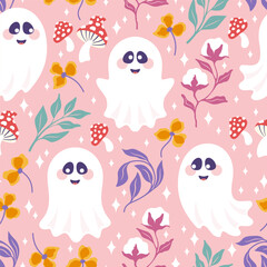 Obraz premium Seamless pattern halloween theme with cute smiling ghosts and autumn mushrooms and plants. Vector illustration.