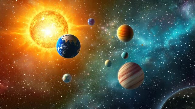 A vibrant and colorful illustration depicting planets and stars in a vast expanse of space.