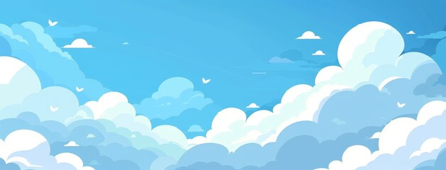 Serene Blue Sky with Fluffy Clouds and Birds