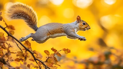 Obraz premium A beautifully lit scene of a squirrel leaping between branches, with motion blur capturing its speed, set against a bright yellow background for a sense of energy and excitement