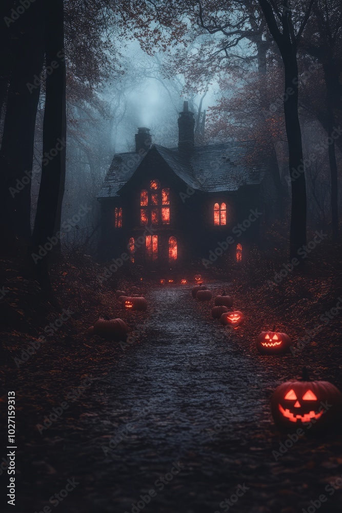 Poster A spooky house with glowing windows and jack-o'-lantern pumpkins on a path leading to the front door in a misty forest.