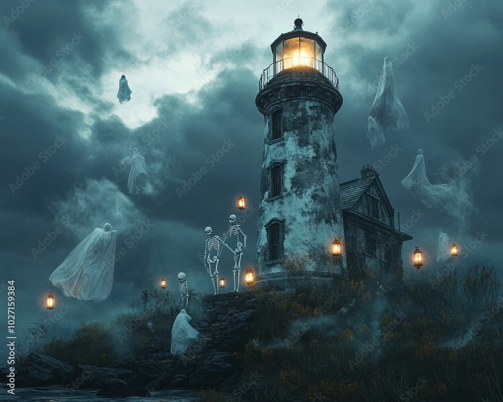 Canvas Prints A spooky lighthouse with ghosts and skeletons under a cloudy sky.