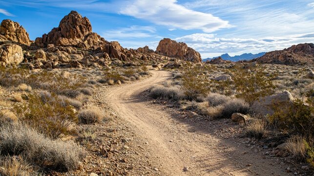 A winding path through a desert with rocky formations and sparse vegetation