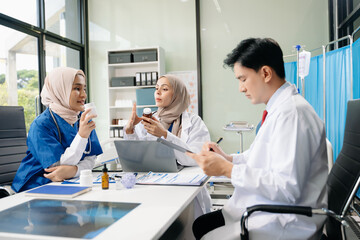 Medical, meeting and laptop for team in discussion, brainstorming and planning. Doctor, nurse on desk