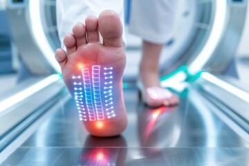 Human foot stepping on a health monitoring device in a modern medical facility