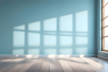 Bright and airy interior with soft blue walls and sunlight shadows