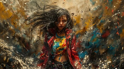 Fototapeta premium Intense Portrait of a Woman with Windblown Hair and Colorful Paint Splashes