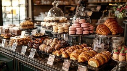 Fototapeta premium An elegant bakery display with assorted macarons, croissants, and bread loaves, highlighted by soft, warm lighting.