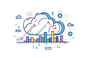 Colorful cloud computing and data analytics illustration with graphs and futuristic technology symbols in a modern digital style.