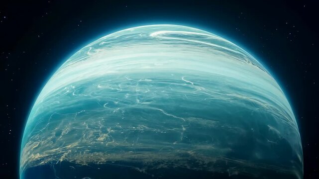 Uranus spinning in space close-up, hazy blue and green atmosphere, slow zoom out. Cosmic landscape, spacescape. 