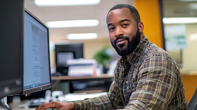 An image of a black software developer working on a computer while in an office with high technology equipment, data systems, and programming