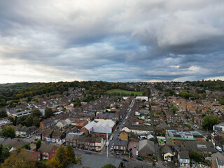 High Angle View of Luton City Residential District Which is Located Near to City Center Downtown of England UK During Cold Sunset of October 12th, 2024