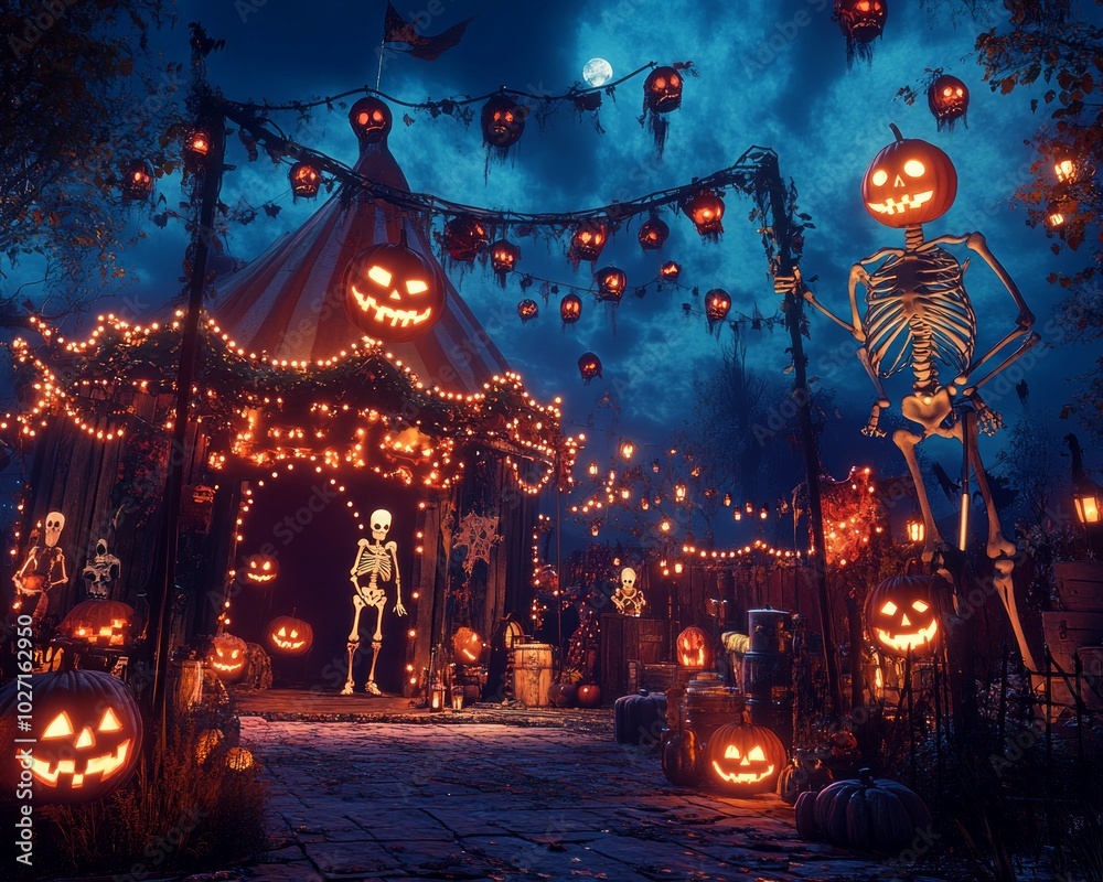 Canvas Prints A spooky, glowing, and festive Halloween carnival scene.