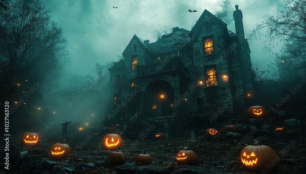 Canvas Prints A spooky, gothic mansion with glowing jack-o'-lanterns on a foggy Halloween night.