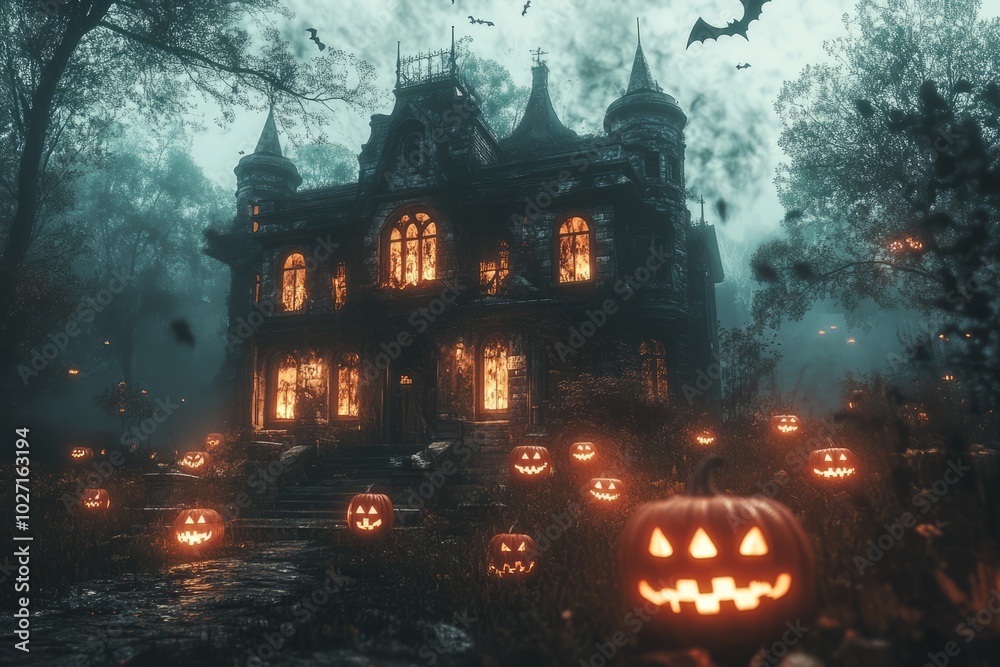 Canvas Prints A spooky, gothic mansion with lit jack-o-lanterns in front of it, surrounded by a dark forest.