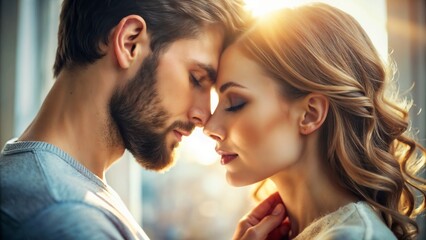Naklejka premium Photorealistic close-up of a gentle kiss on the forehead between a couple in love