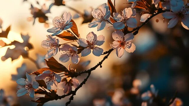 White cherry blossoms bloom on a branch against a warm sunset sky