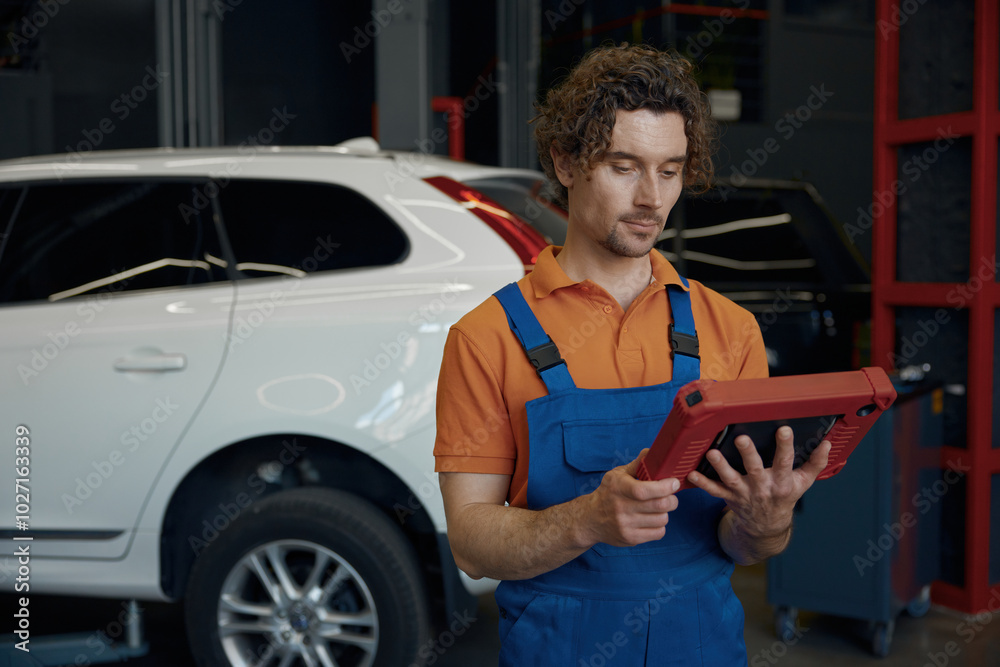 Wall mural portrait of serious male car technician looking at computer