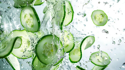 Juicy slices of cucumber splash in clear clear water. Cucumber slices in close-up in drops of water. Healthy eating. It is used in cosmetics. A natural organic product