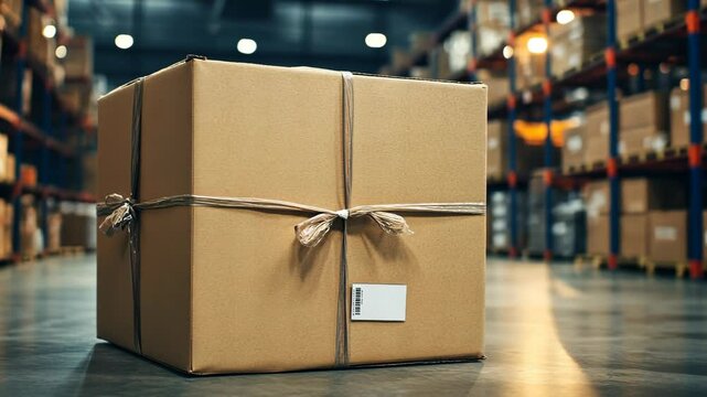 A large cardboard box sits on the floor of a warehouse, secured with twine