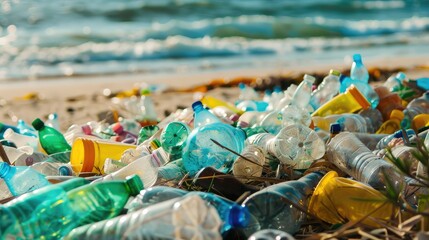 Beach Littered with Plastic Bottles