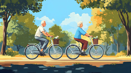 Obraz premium Elderly Couple on Bicycles: Seniors enjoying an active holiday, riding bikes outdoors -