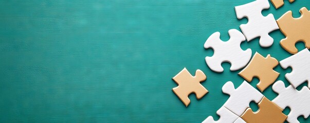 Pile Of White And Gold Puzzle Pieces On Blue Background