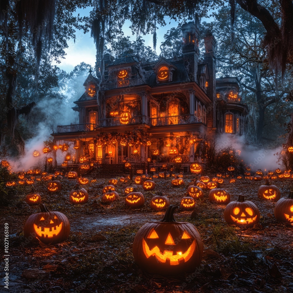 Sticker A spooky, ornate Victorian mansion illuminated by jack-o'-lanterns on a misty Halloween night.