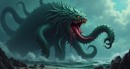 A massive Kraken-like sea monster rises from the depths, its glowing eyes and sharp teeth menacing. But its flailing tentacles are tangled in knots, leaving the creature looking frustrated as it strug
