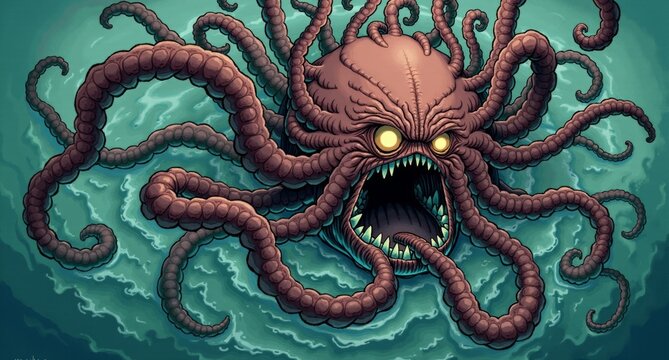 A massive Kraken-like sea monster rises from the depths, its glowing eyes and sharp teeth menacing. But its flailing tentacles are tangled in knots, leaving the creature looking frustrated as it strug