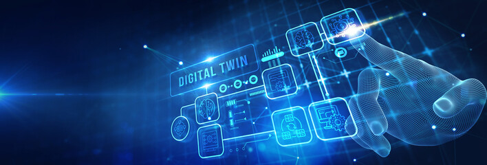 Digital twin industrial technology and manufacturing automation technology. 3d illustration