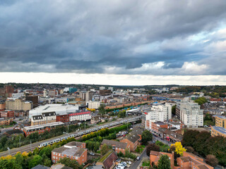 Fototapeta premium High Angle View of Luton City Residential District Which is Located Near to City Center Downtown of England UK During Cold Sunset of October 12th, 2024