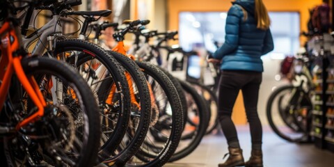 A young girl cyclist chooses a bike for herself in a bike shop. Generative AI.