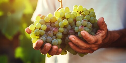A farmer holds a bunch of grapes in his hands. Close-up of harvesting. Generative AI.