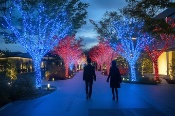A couple strolls down a pathway lined with trees adorned with twinkling blue and red lights.