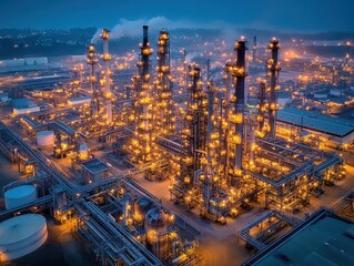 Fototapeta premium Illuminated Oil Refinery at Night Showcasing Industrial Power