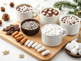 Fototapeta premium Delicious hot chocolate cups topped with marshmallows, served with chocolate and candy snacks, perfect for cozy winter gatherings.