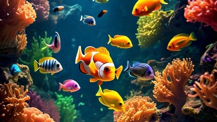 Obraz premium Underwater world with corals and tropical fish wallpaper background high quality image 4k hd 16:9 YouTube thumbnail 