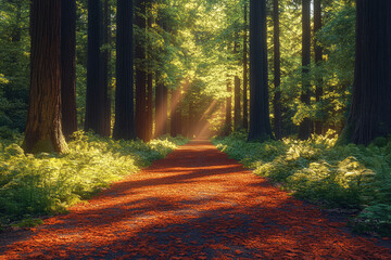 Fototapeta premium Sunbeams Through a Forest Path: A Tranquil Woodland Scene