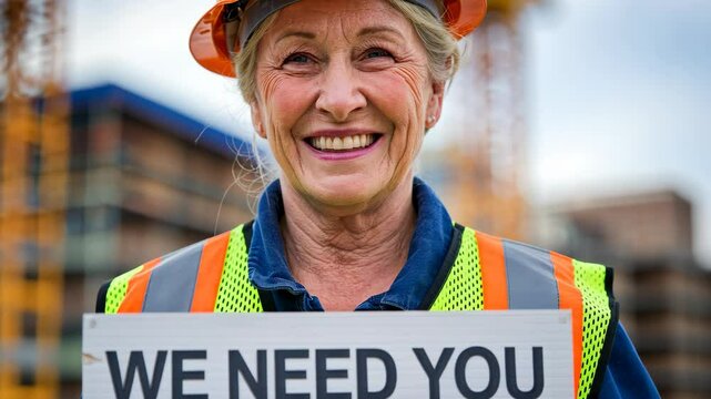 Senior Caucasian female construction worker holding "We Need You" sign near cranes