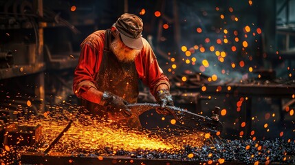 Skilled Blacksmith Crafting in Fiery Workshop