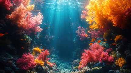 Naklejka premium Vibrant Underwater Coral Reef Scene with Tropical Fish